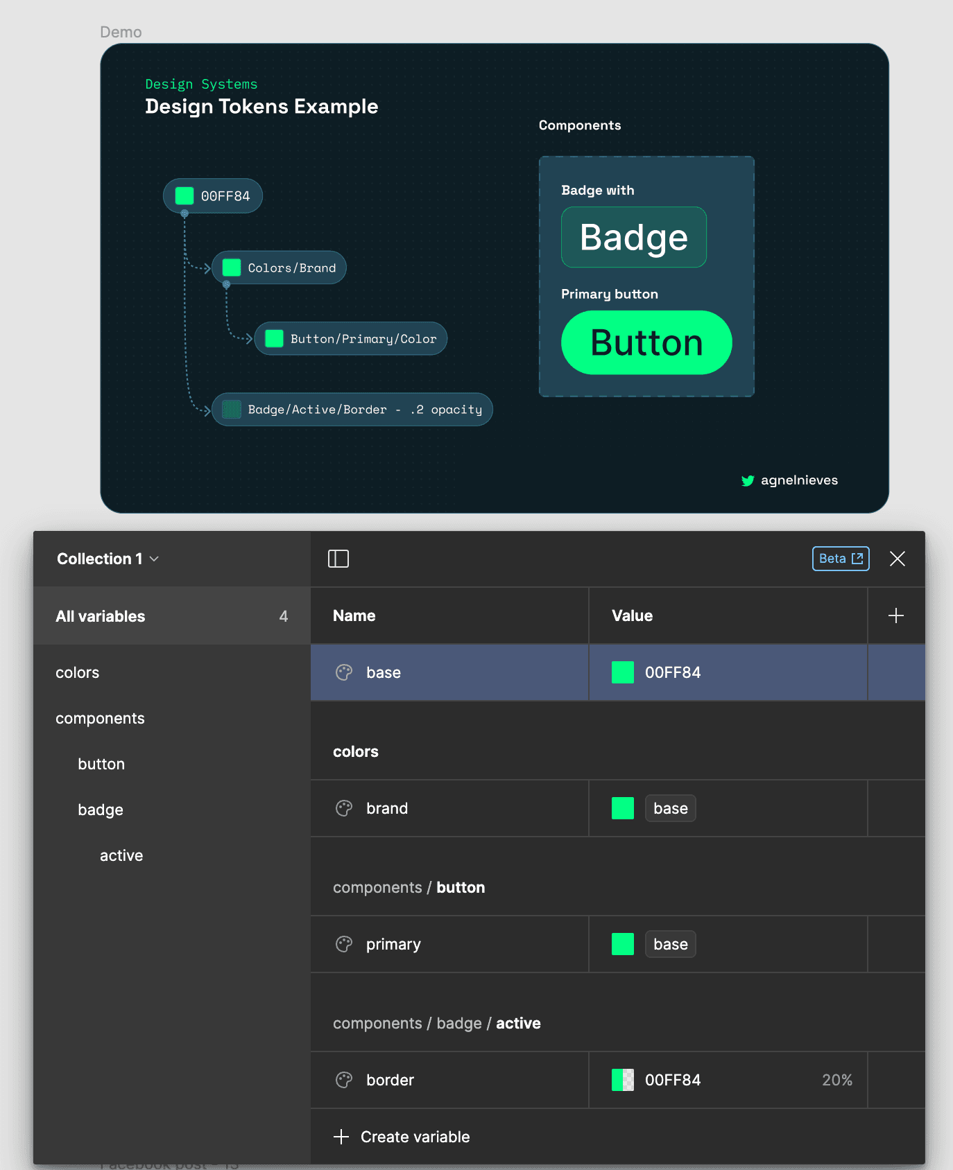 A screenshot of Figma, using the Variables feature (as design tokens)